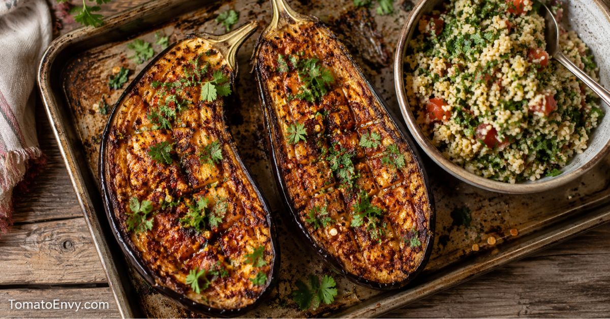 Spiced Roasted Eggplant with Bulgur Salad
